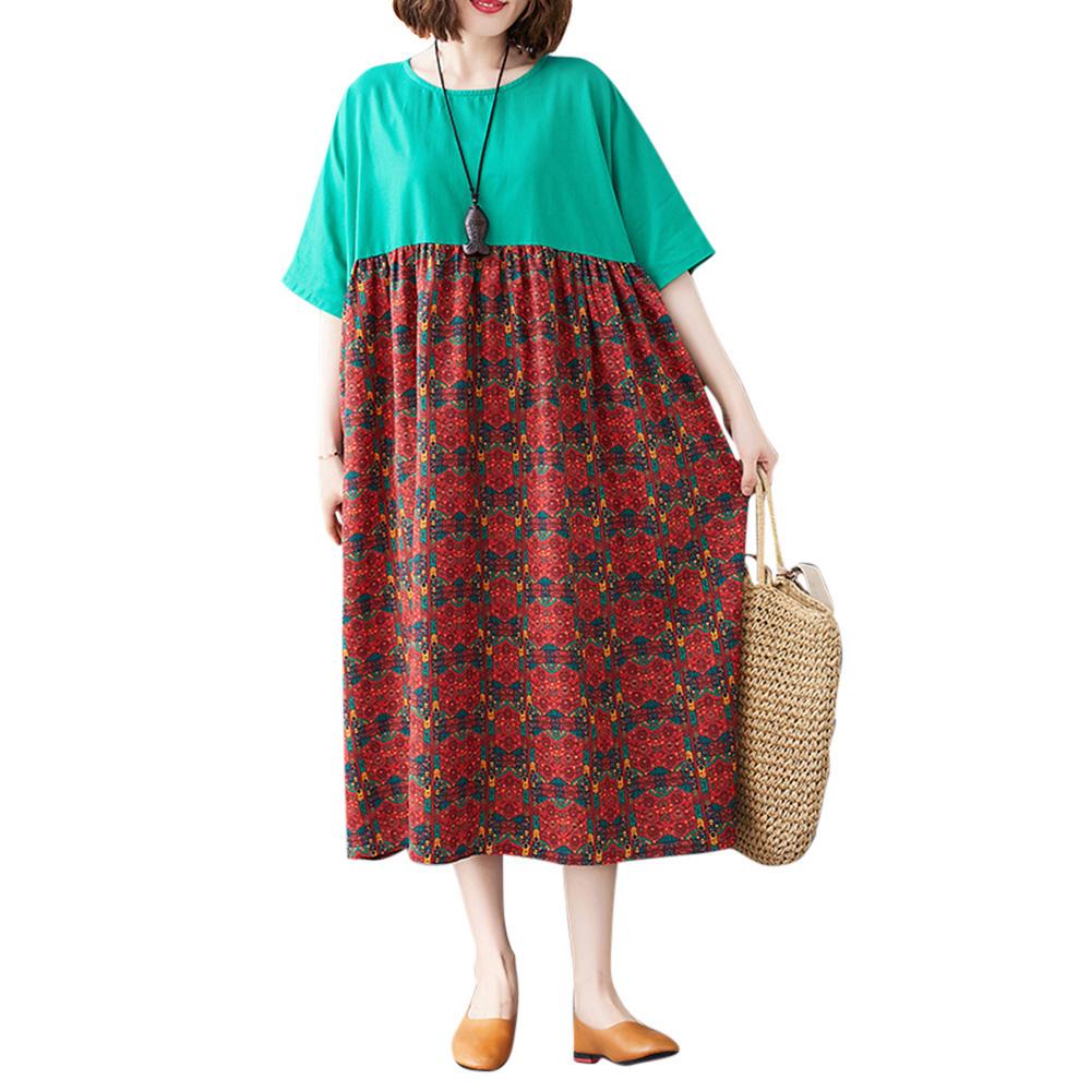 

Винтажное женское хлопково-льняное платье с круглым вырезом и короткими рукавами, свободное платье с карманами