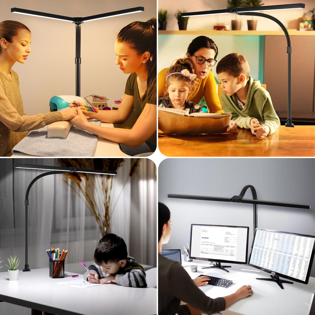 Modern Gooseneck Double LED Desk Lamp Stepless Knob Adjustment High Lumen Wide Head Architect Working Office Metal Shade AC