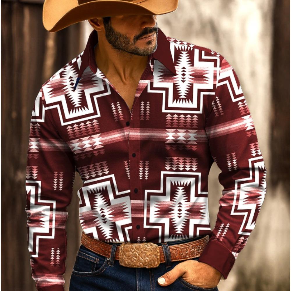 Men's Geometric Pattern Printed Long Sleeve Shirts Casual Cardigan New Button Holiday Fashion Shirts