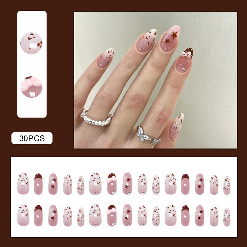 30Pcs Press On Nails French Red Brown Leopard Print Rhinestone Bow False Nails Press On Nails Full Cover Artificial False Nails