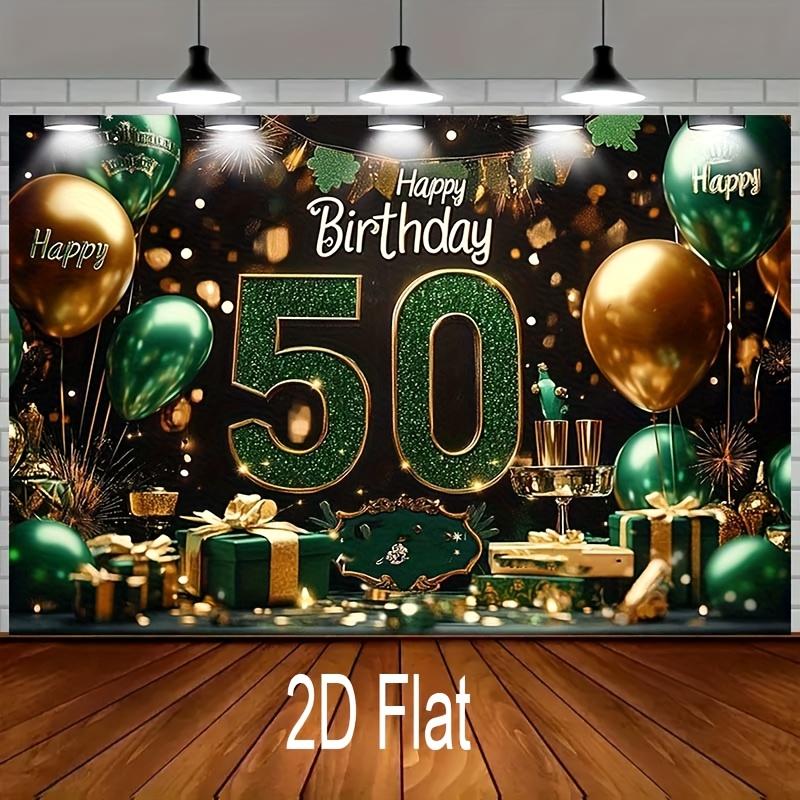 1 Stück 2D flaches Banner für die 50. Geburtstagsfeier Banner Dekoration - Funkelnder goldener und grüner Polyesterhintergrund mit Ballons