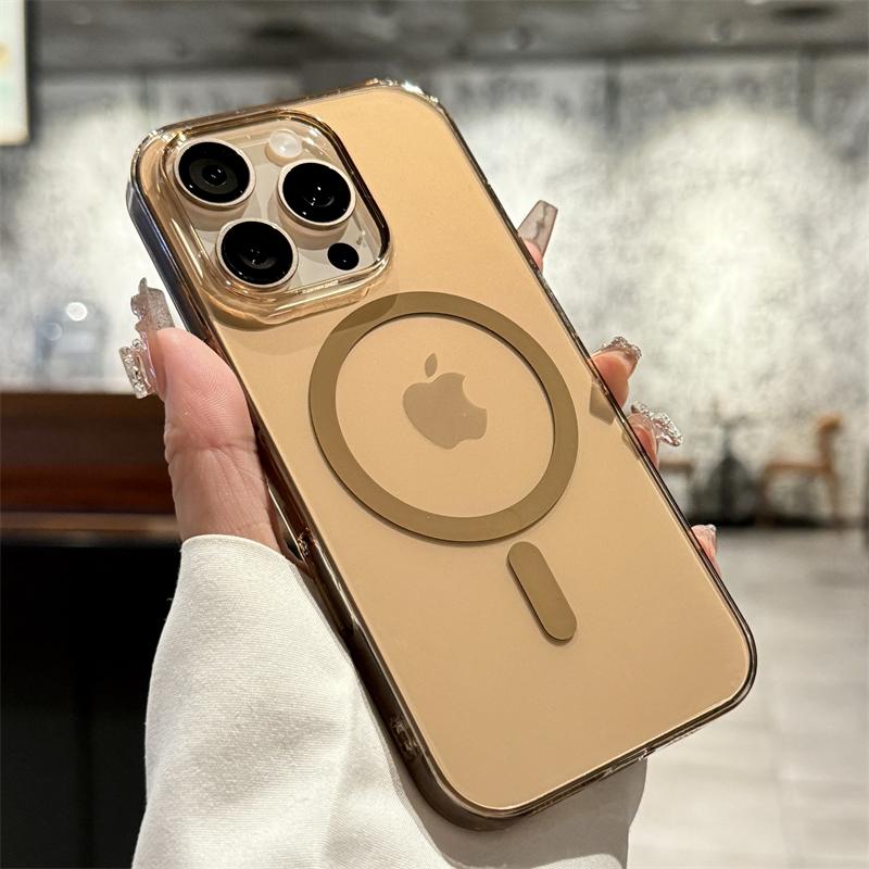 Luxury Gold Magsafe Transparent Case For iPhone 11 12 13 14 15 16 Pro Max Plus Magnetic Wireless Charge Shockproof PC Hard Cover