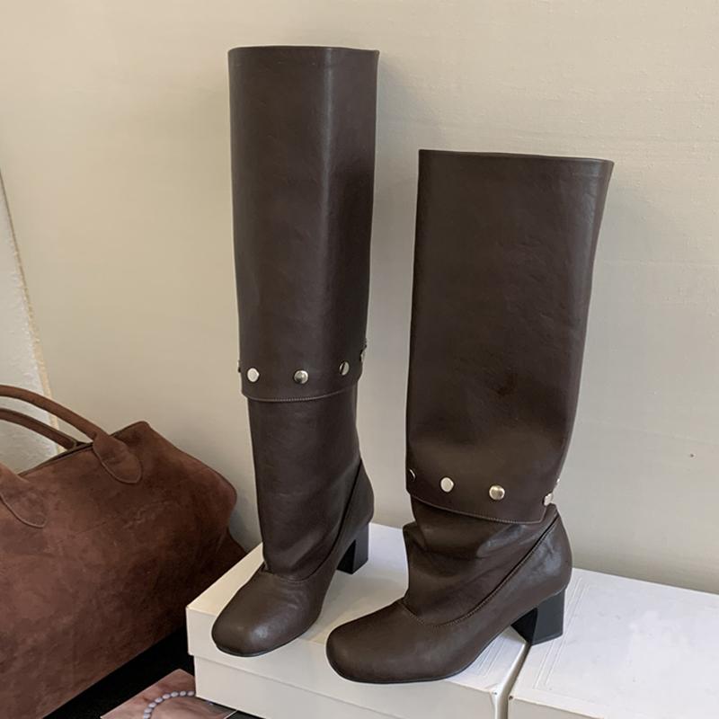 New Style Button Combination Splicing Women Knee High Boots Fashion Round Toe Pleated Leather Long Shoes Low Square Heels