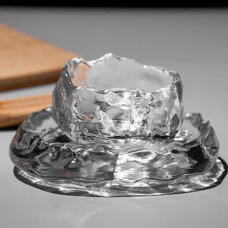 1pc  Simple Style Glass Cup Tasting Transparent/Frozen Tea Cups White Wine Cup Kongfu Master Teacup Tea Cup and Tea Mat 2 Style