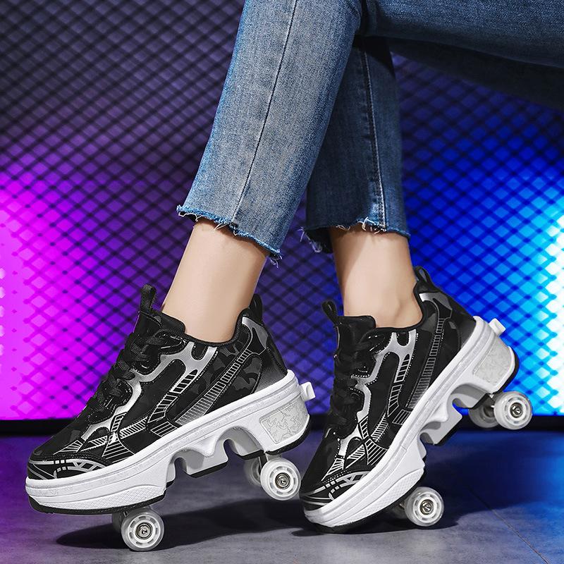Flying pulley shoes student sneakers children runaway shoes girls one button put away skates skates