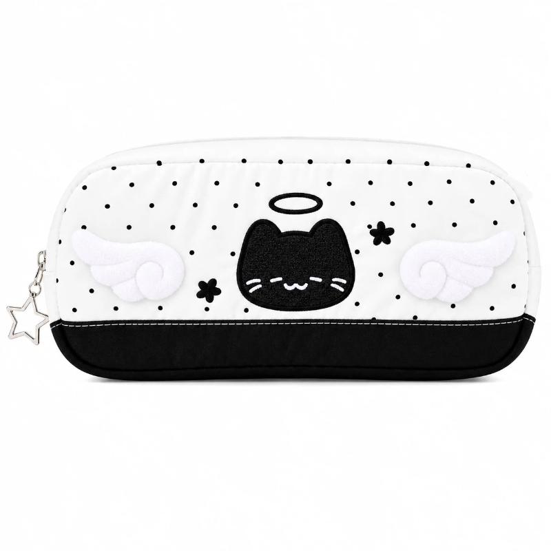 Cartoon Angel Demon Cat Pencil Case Large Capacity Mesh Pocket Design Stationery Storage for School Kids Students Gift