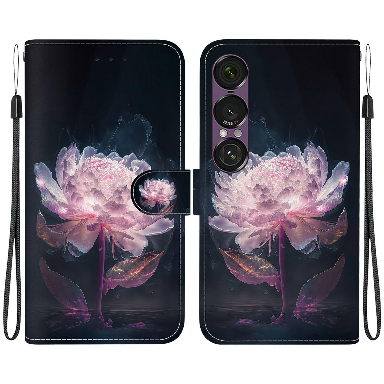

For Sony Xperia 1 VII Wallet Phone Case Anti-Drop Pattern Printing Leather Flip Cover with Strap Purple Peony