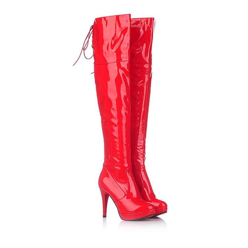 FS New Boots Women's High-heeled Patent Leather Knee-length Tube Large Size Red Pole Dance Boots