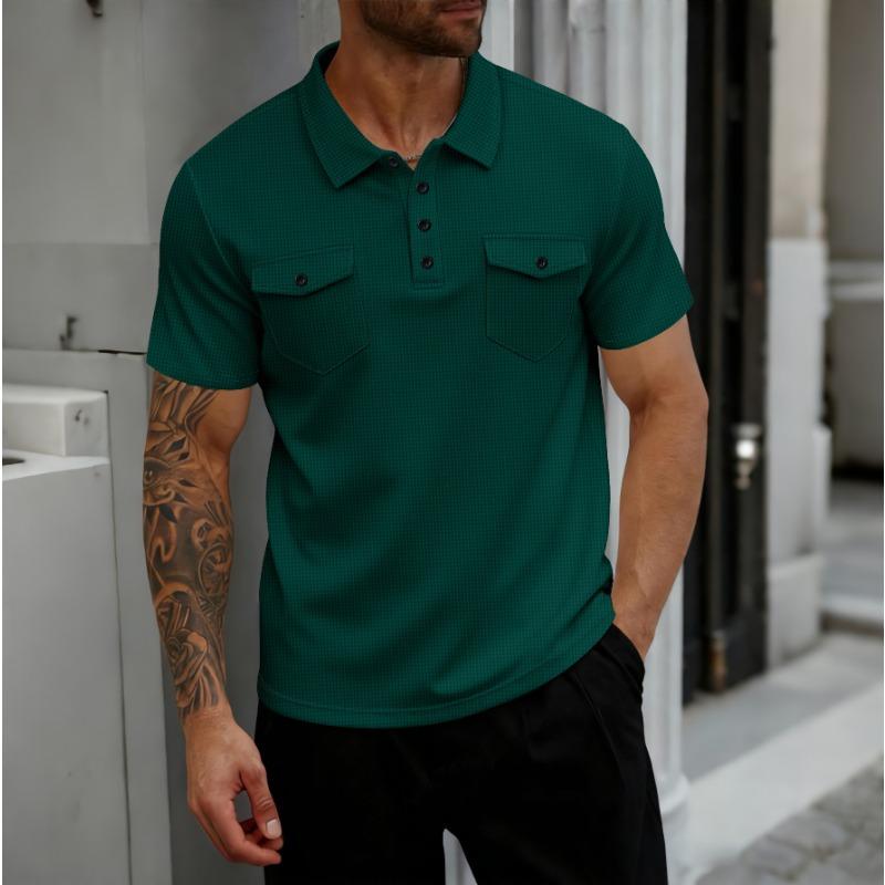 Mens Short Sleeve Waffle Knit Polo Shirt With Double Pockets
