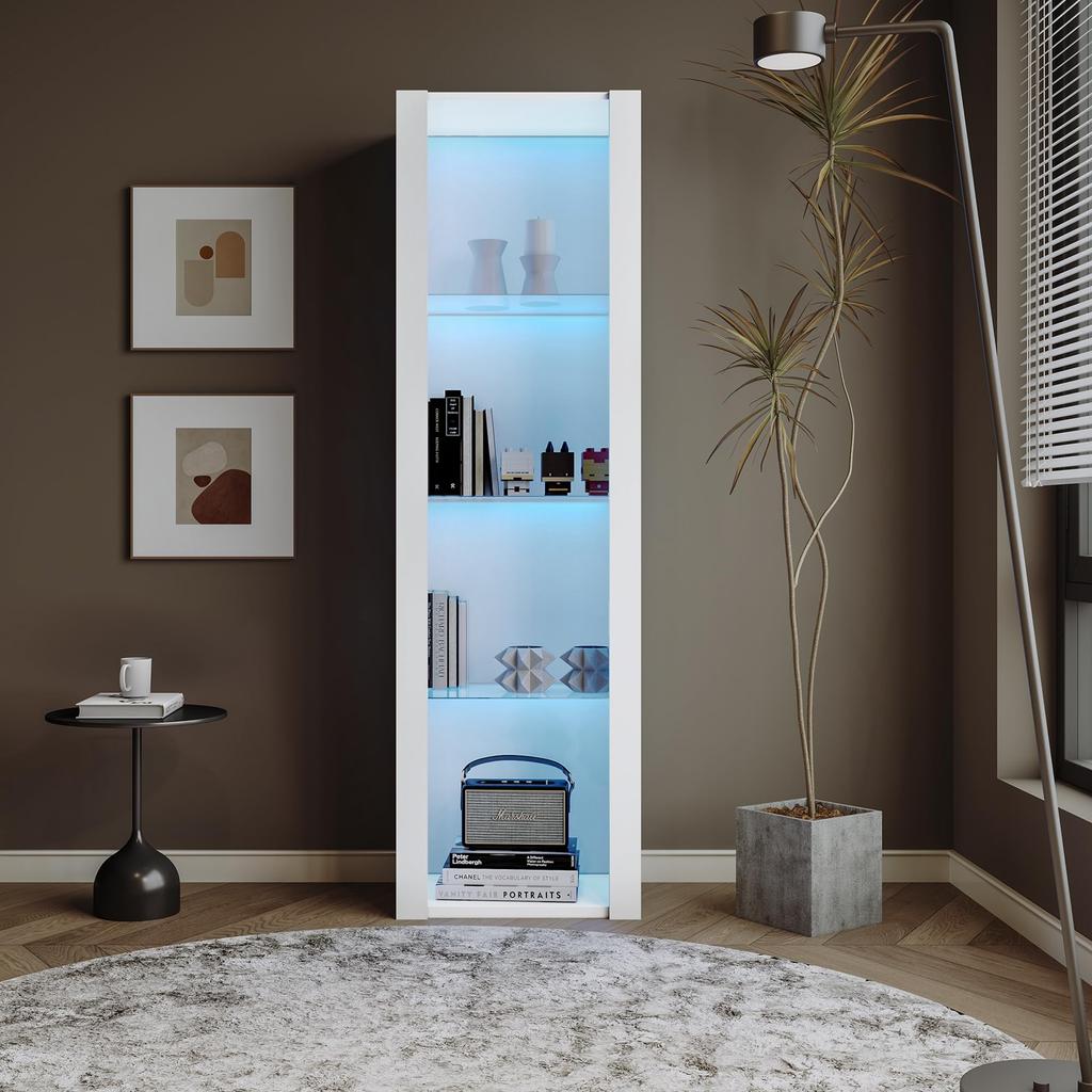LED Glass Display Cabinet, Display Cabinet with Storage Space, Modern Bookcase Freestanding Display Cabinet, Wall Units, White, 50x40x180 Cm