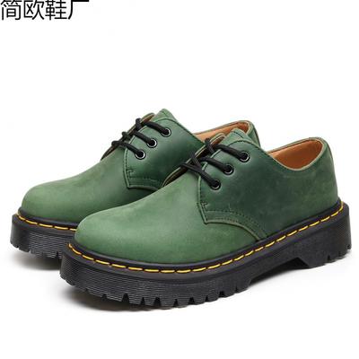 Stivali Martin, scarpe basse in pelle piccole sullo strato superiore, vera pelle da donna, stivali corti grandi color verde Crazy Horse, punta tonda, da uomo.