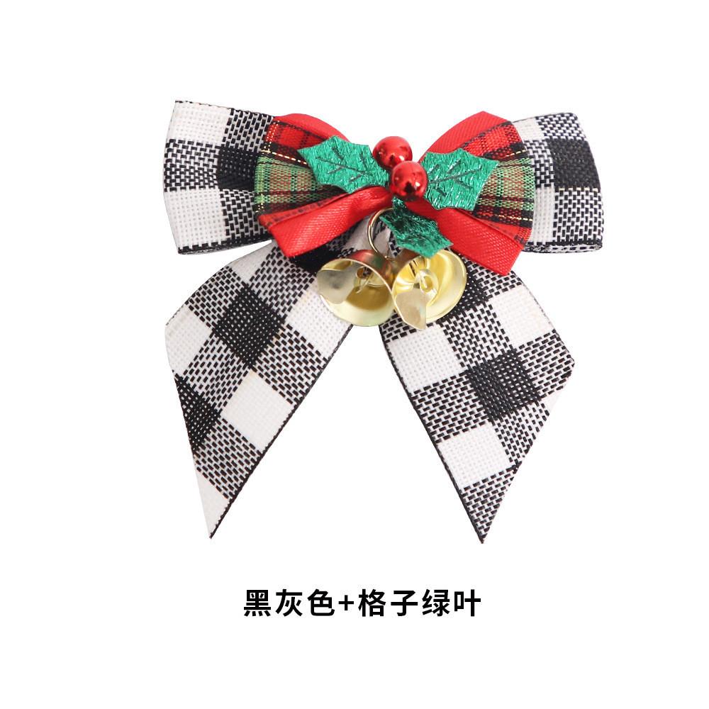 

Christmas Delightful Handmade Bow Ornament With Bell Gorgeous Festive Gift Included Box BlackGray Check Green Leaf