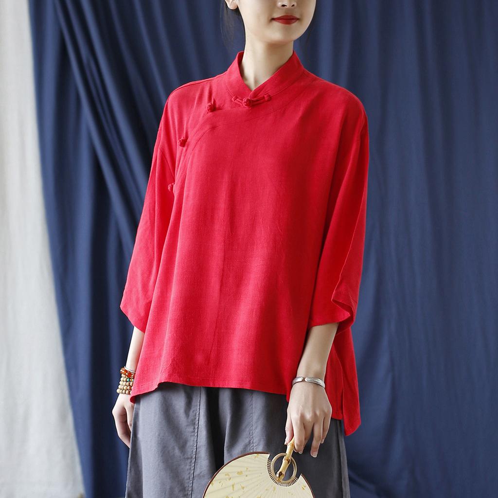 Johnature Spring Summer Women Vintage Collar Seven Point Sleeves Shirt Solid Color Shirt