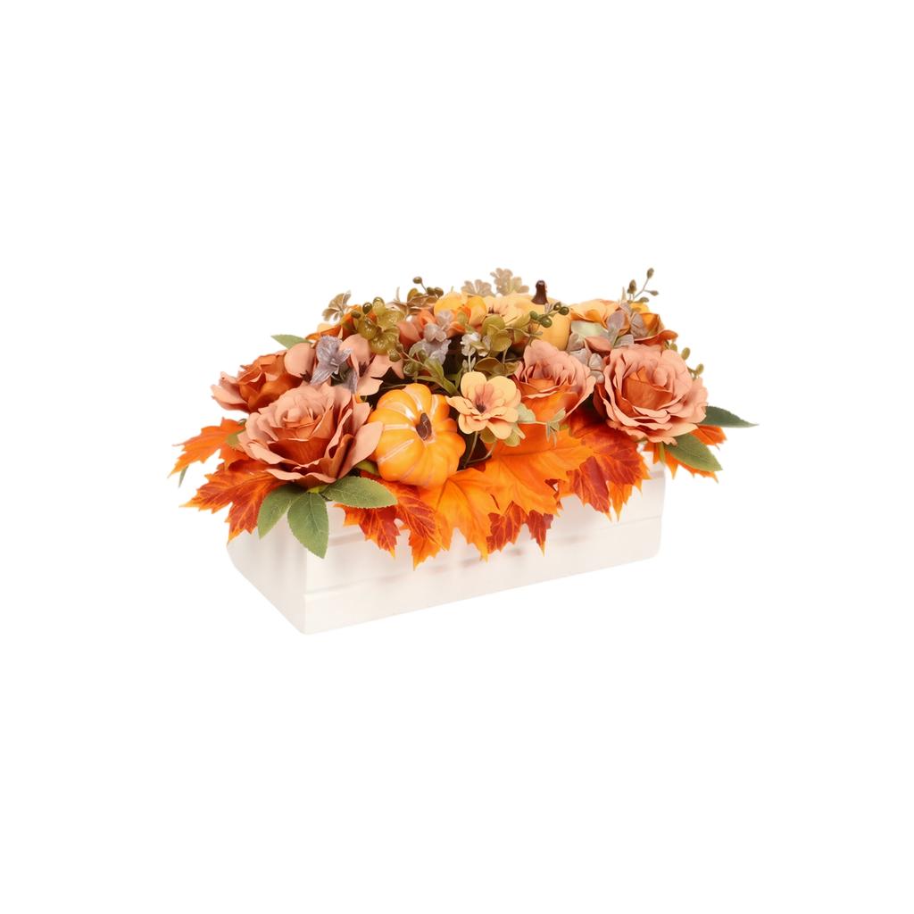 Artificial Pumpkin and Maple Leaf Floral Arrangement In Wooden Box Fall Harvest Decoration for Indoor Tabletop Display Seasonal Home Accent
