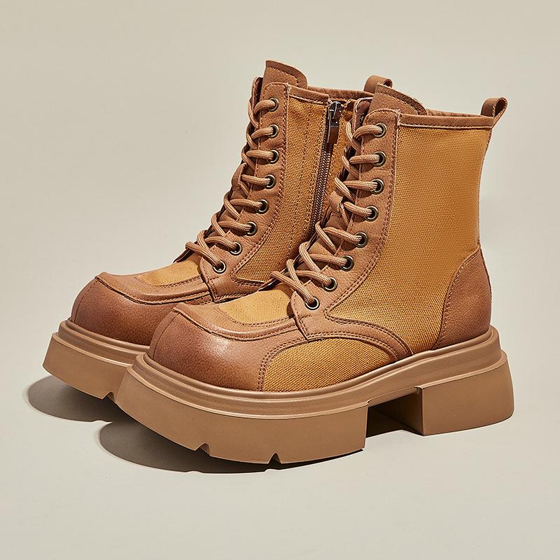 Leather Martin Boots Women's Autumn Thick-soled Canvas Locomotive Thin Rhubarb Boots Retro Casual Short Boots