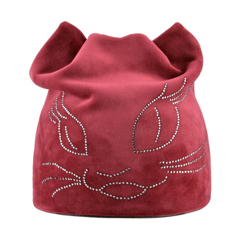Winter Beanie Hats For Women Cut Hat With Rhinestone Cat Pattern Beanie with Ear Velvet Hat For Girl