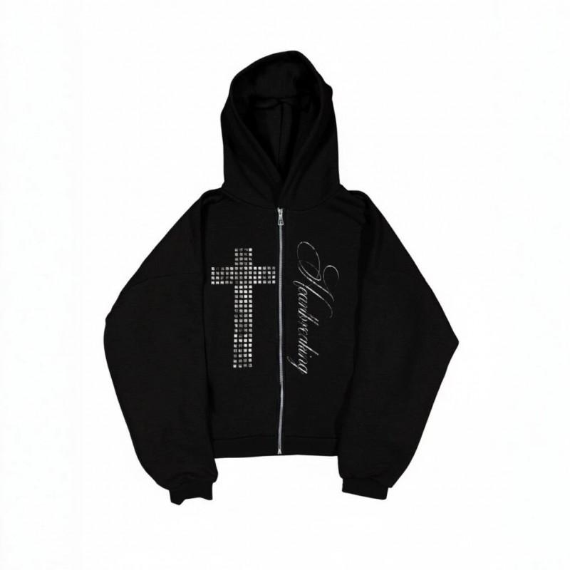 Damen Übergroßer Kapuzen-Reißverschluss Streetwear Sweatshirt mit Aufdruck Strassstein Verzierung