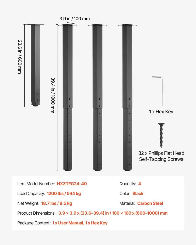 Adjustable Table Legs, 610-1016 Mm Square Steel Furniture Legs, 544 Kg Max Load Heavy Duty, Quick Installation, for Home Office Desk DIY, Coffee