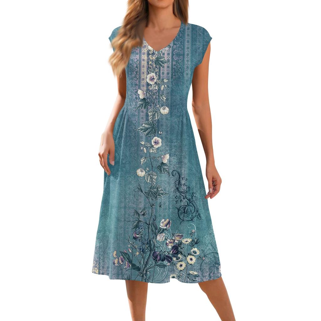 Women's Cap Sleeve Print V-Neck Sleeveless Patchwork Pleated Slim Fit Dress