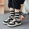 Zhuji Retro Black & White Striped Mid-Tube Socks for Men and Women - Thick Knit, Autumn/Winter Style