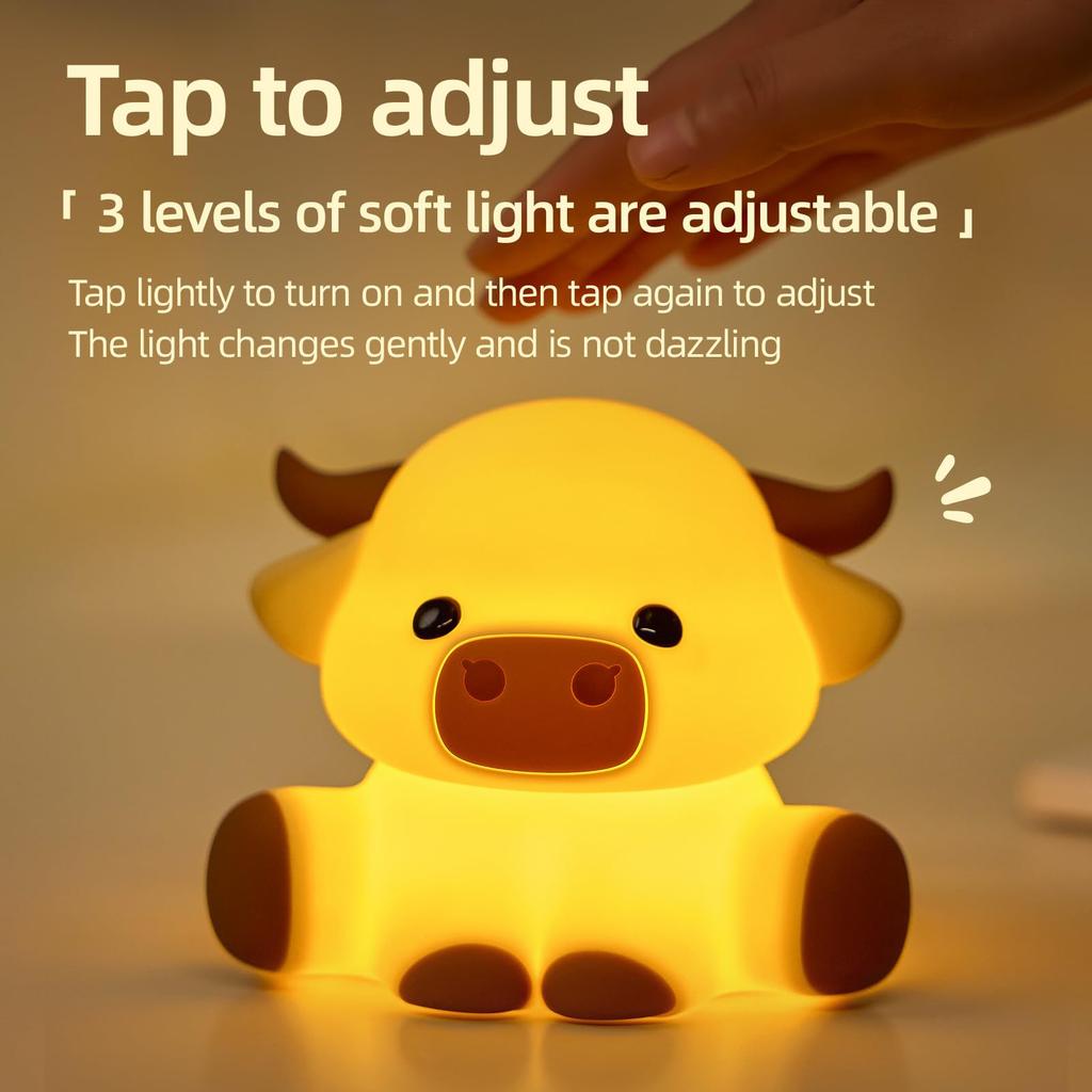 Cute Highland Cow Squishy Night Light W/ Dimmable Timer Cartoon Soft Animal Bedside Lamp Gift for Boys Girls Childs Table Decor