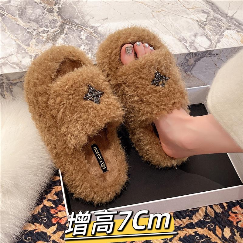 Korean version of fluffy cotton slippers women's 2025 autumn and winter new outer wear versatile temperament shoes high-end versatile slippers