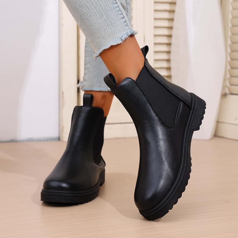 Womens Boots Casual Chelsea Ankle Boots Round Toe Black Pu Leather Short Boots Woman Comfort Low Heels Slip On Shoes Botas Mujer