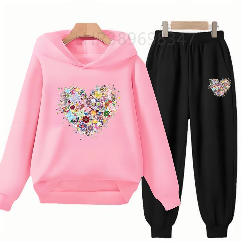 Heart-Shaped Children's Hoodies Suit Top+Bottom Girls Pink Boy Black Age 3-12 Coat Casual Toddler Long Sleeves Autumn Clothing