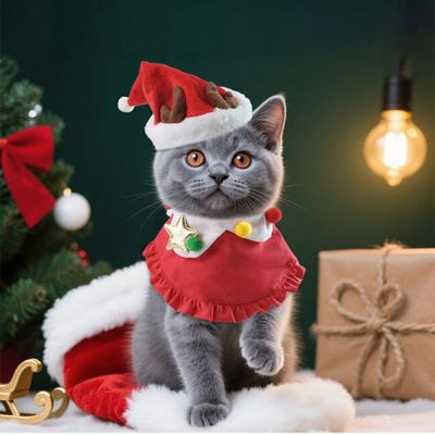 Yousheng Christmas Cat Costume Set Santa Hat And Bib Collar Xmas Party Pet Outfit for Small Dogs Cats Holiday Dress-up Photography Props