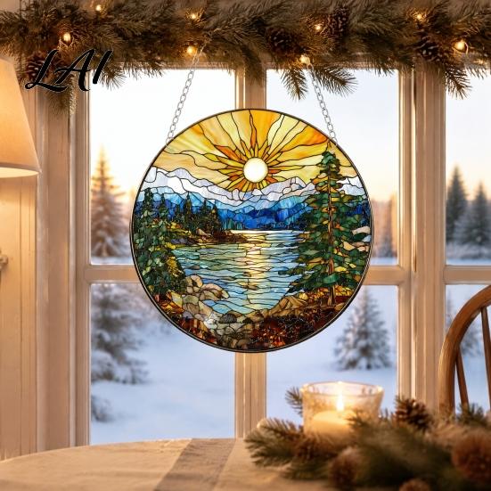 Natur-Thema Hängende Kunst Acryl Landschafts-/Vogel-Ornament Buntglas-Stil Anhänger Beidseitig Einzigartig Weihnachtsfeier Zubehör Dekoration