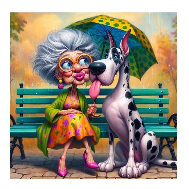 DIY Diamantmalerei Neu 2024 Glückliche alte Dame und Hund Volldiamant Mosaik Stickerei Kunst Stich Wohndekoration Bastelset Geschenk