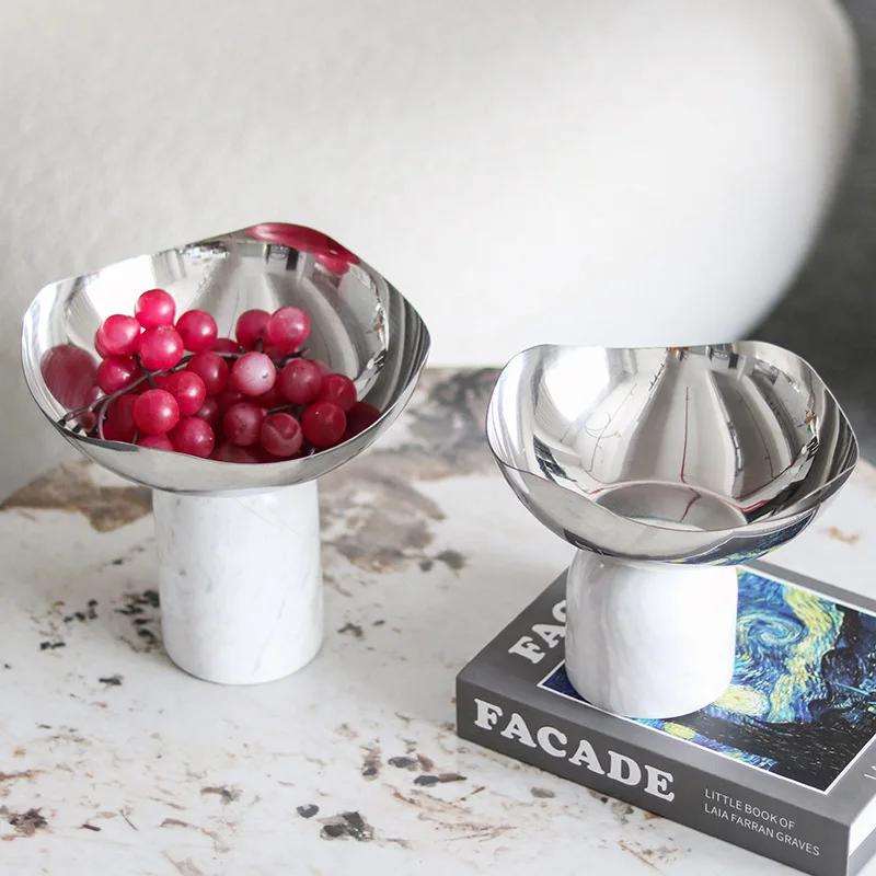 Light Luxury Marble Fruit Tray Decoration, Stainless Steel Tray, Irregular Metal Snack Tray Decoration in The Living Room
