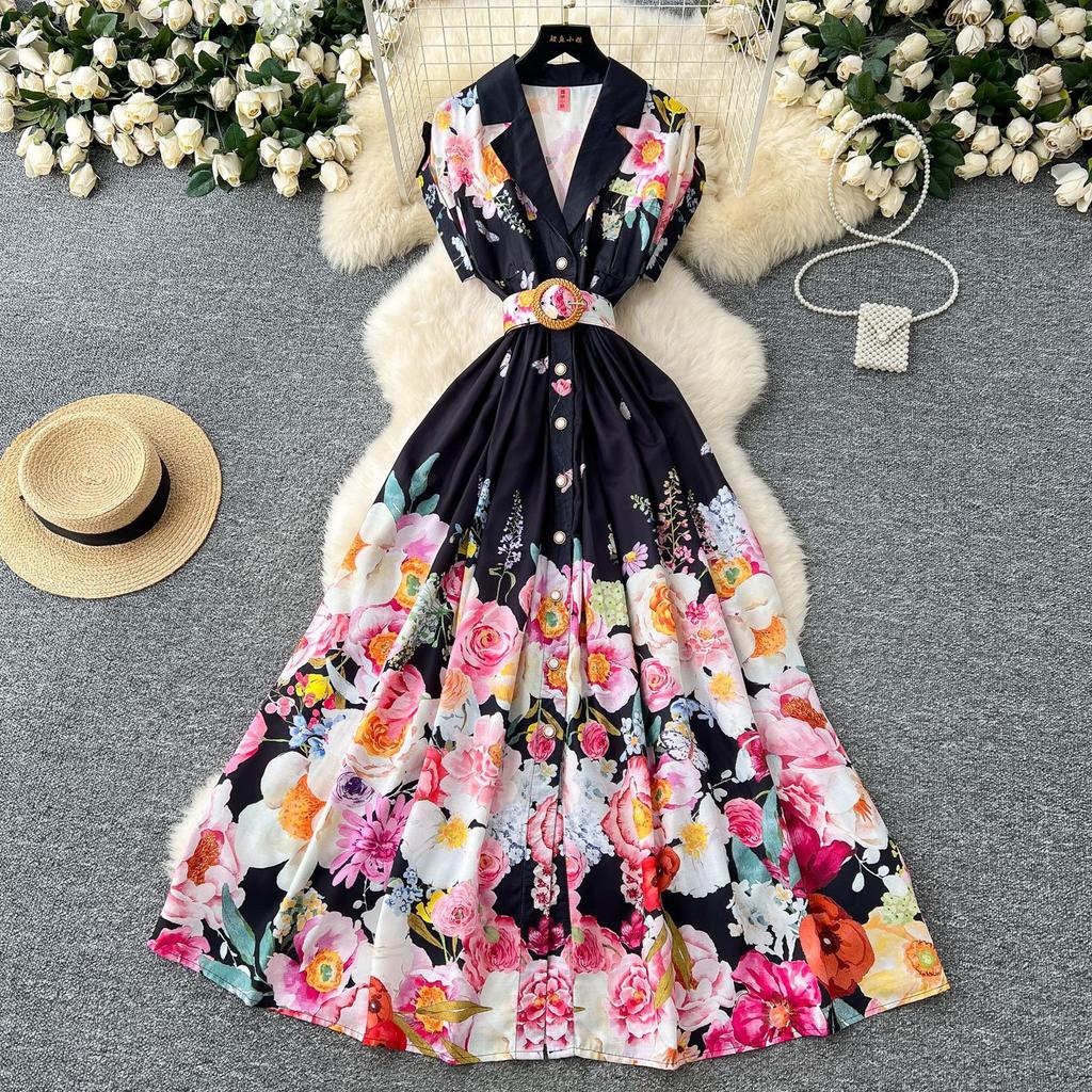 Spring new court style retro stand-up collar dress female European and American celebrities waist single-breasted printed dress