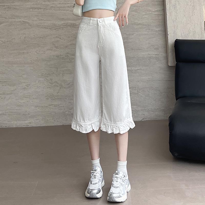 

Ruffled Indigo Denim Cropped Jeans - Loose, Unique Flared Capris XS
