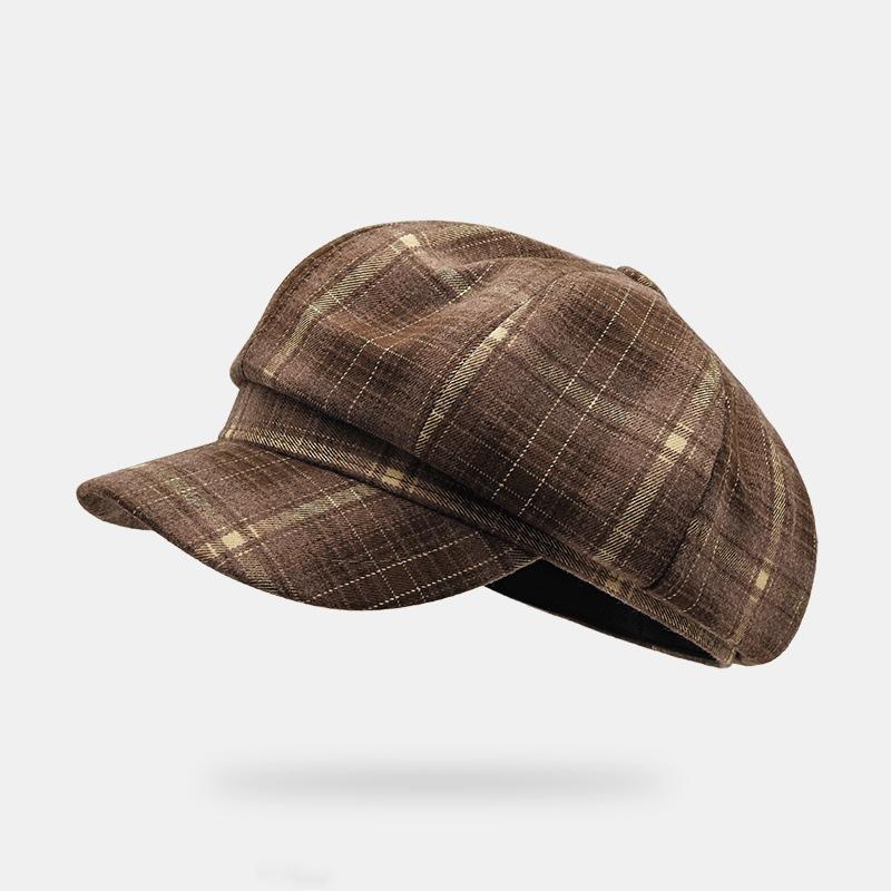 Retro Octagonal Hat Female Spring and Autumn Show Face Small Plaid Painter Beret Niche Design Bud Hat