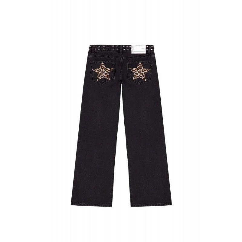 Vintage Star Print Denim Jeans Women Loose Straight Cut Streetwear Casual Pants