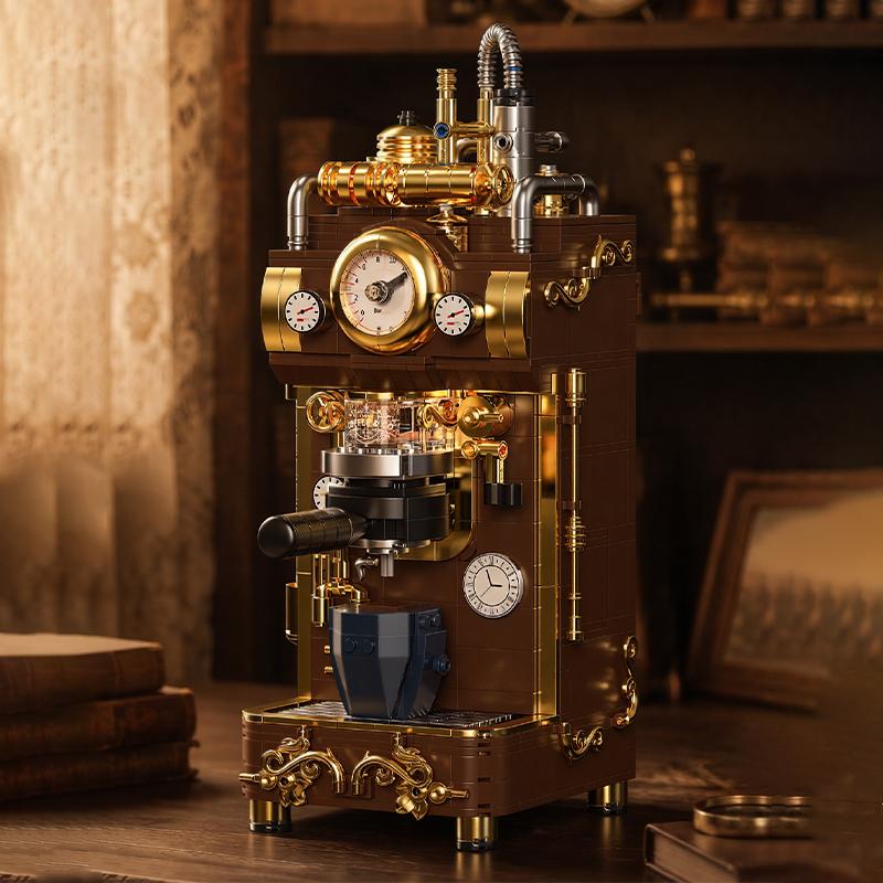 Creative Retro Steam Coffee Machine Building Blocks Classic Punk Espresso Machine With Light MOC Bricks Home Decoration Toy Gift