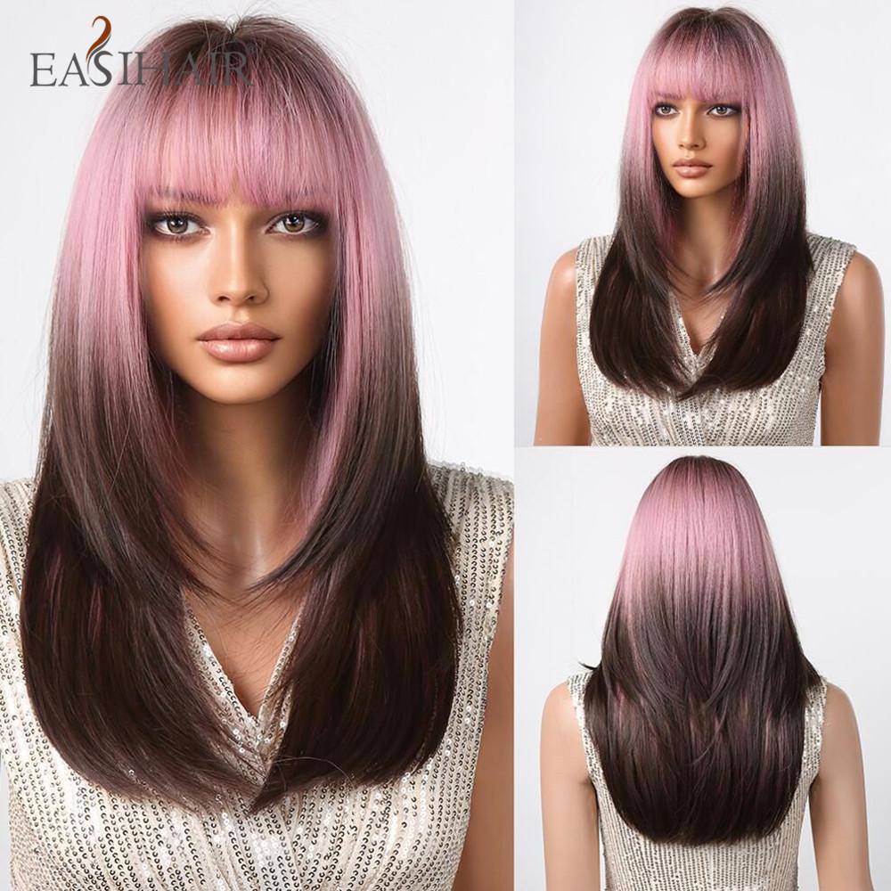EASIHAIR Dark Brown Black Synthetic Wigs with Bangs Medium Straight Layered Natural Hairs for Women Daily Cosplay Heat Resistant