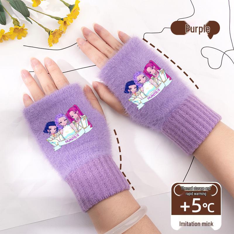 Kpop Women's Fingerless Knitted Gloves - Versatile Warm Plush Autumn/Winter Half-Finger Hand Socks, Solid Color for Students.