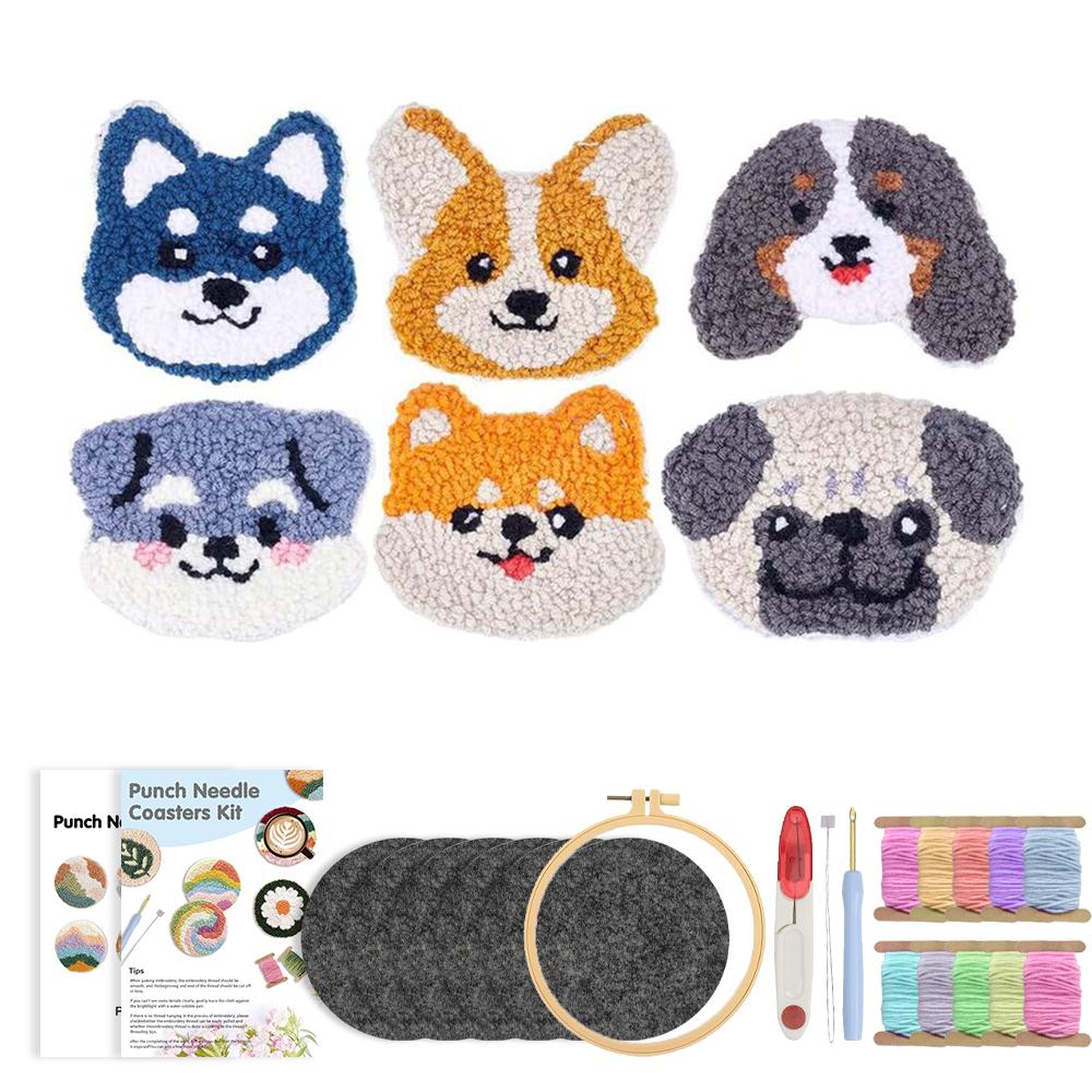6pcs Punch Needle Embroidery Kit DIY Stitching Coasters Needlecraft Dog Pattern Tufted Rug Pads with Felt Yarns for Beginners