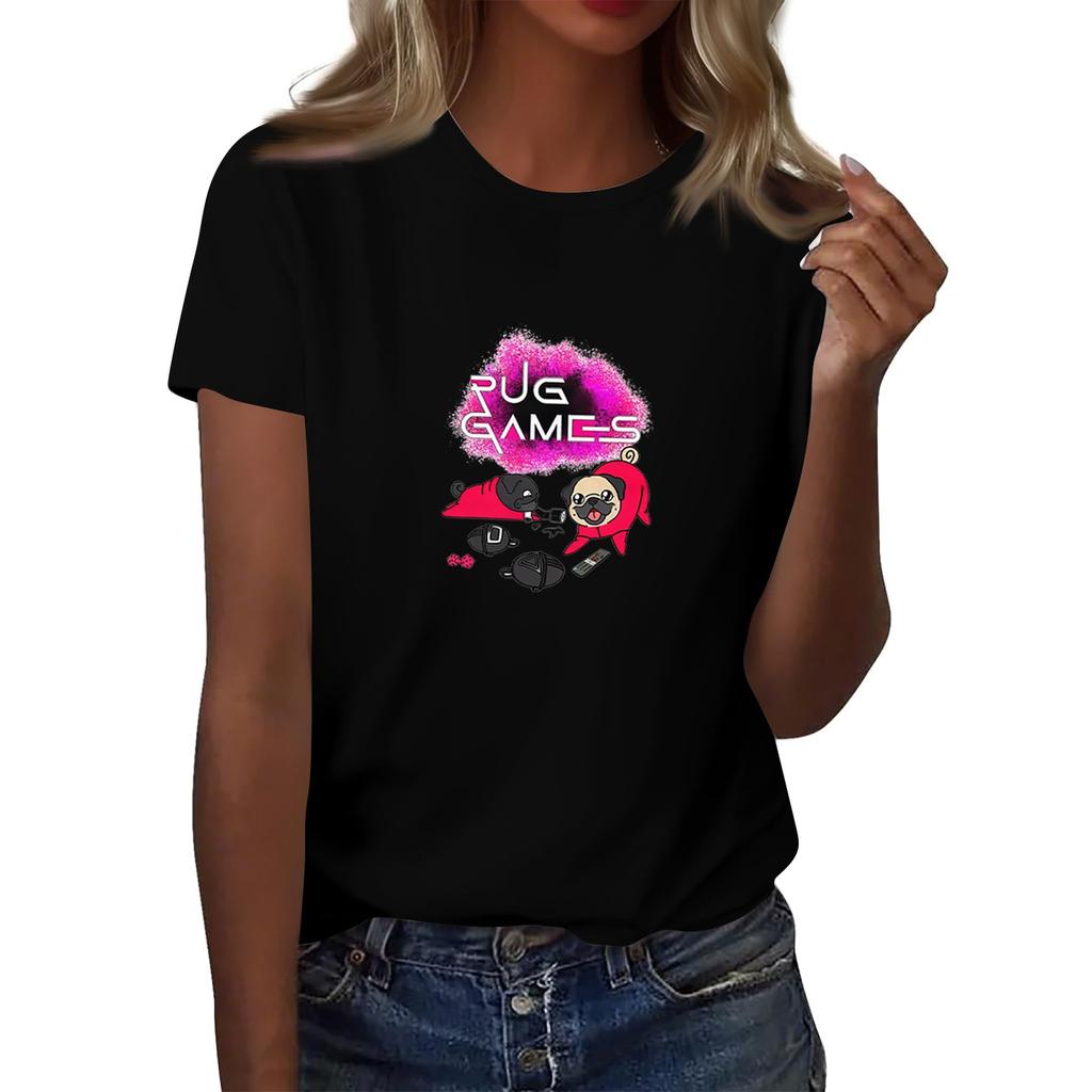 Damen Rundhals Bedrucktes Kurzarm T-Shirt Top