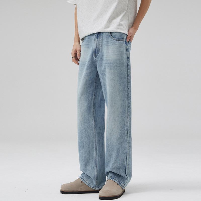 LKTM Men's Retro Washed Ice Blue Jeans - High-End, Versatile, Loose-Fit, Ripped Style