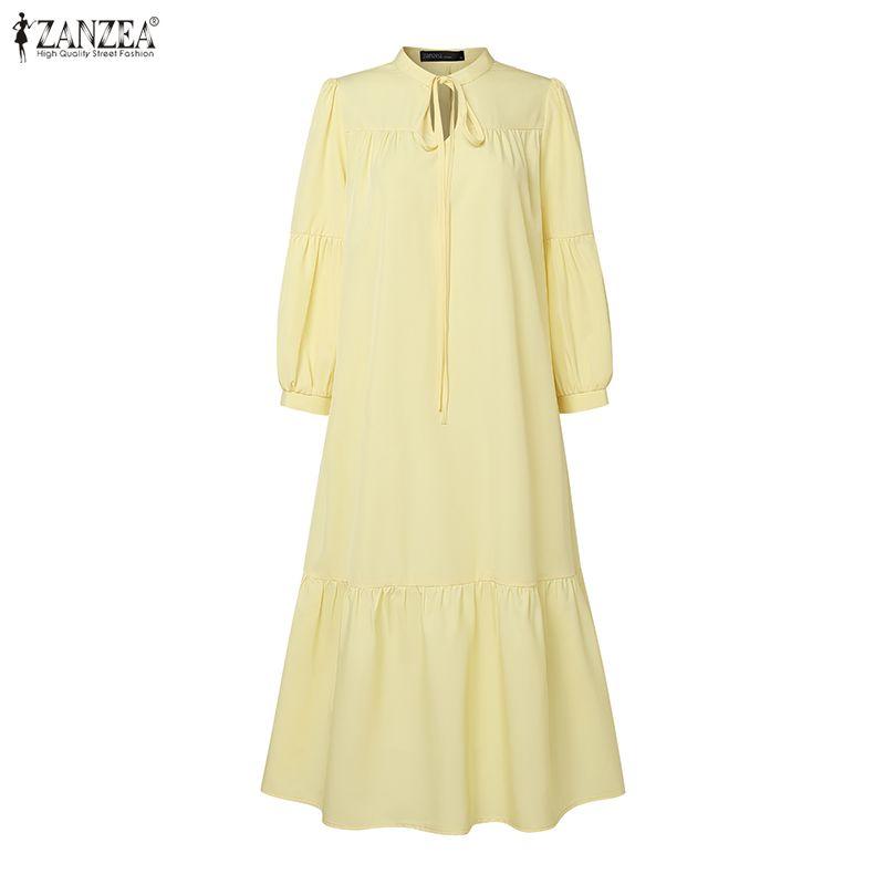 ZANZEA Rochie Casual de Damă cu Gât în V, Culoare Solidă, Largă, cu Mâneci 3/4