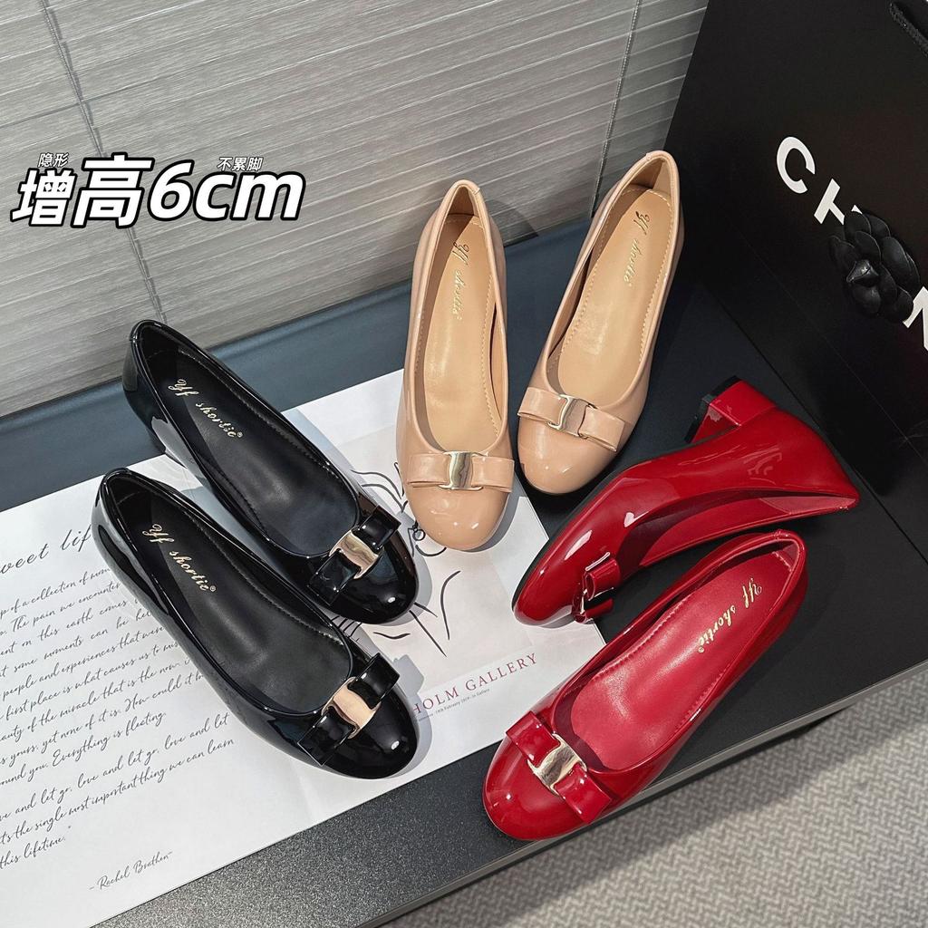 Height increase 6CM bow metal patent leather high heels women's 2025 new sweet round head one pedal thick heel single shoes