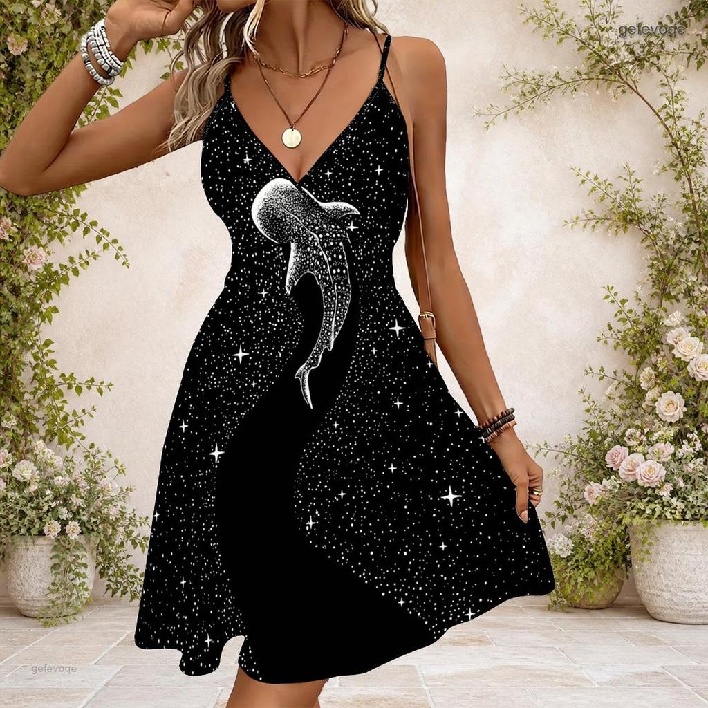 Women Plus Size V Neck Strappy Sleeveless Dress Black Star Whale Printed Gathered Waist Flared Hem