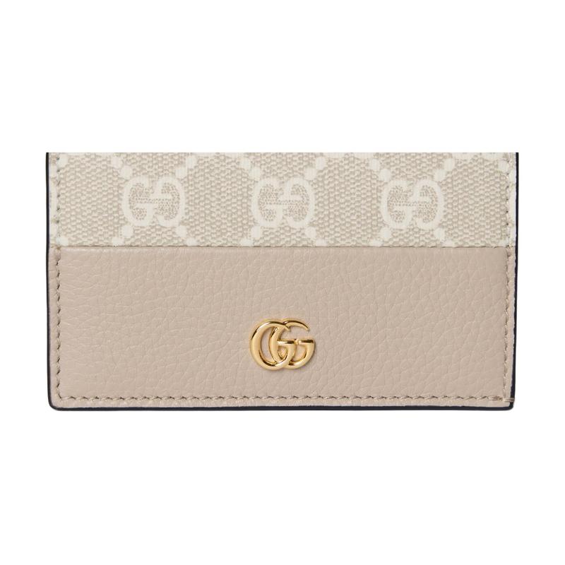 Gucci GG Marmont Logo Print Gold Hardware Leather and Canvas Wallet Mini Women's Beige and White