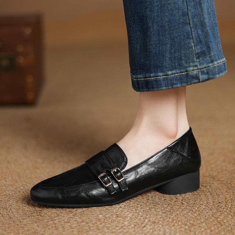 

Новые удобные маленькие кожаные туфли, на одной педали, на толстой подошве, нескользящие, на среднем каблуке, больших размеров, с круглым носком и квадратным каблуком, одинарные туфли для всех 39 чёрный