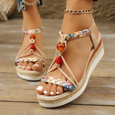 Bohemian Style Hemp Rope Hand Woven Color Blocked Elastic Band Open Toe Beach Shoes with Sloping Heels, Women's Casual and Comfortable Sandals