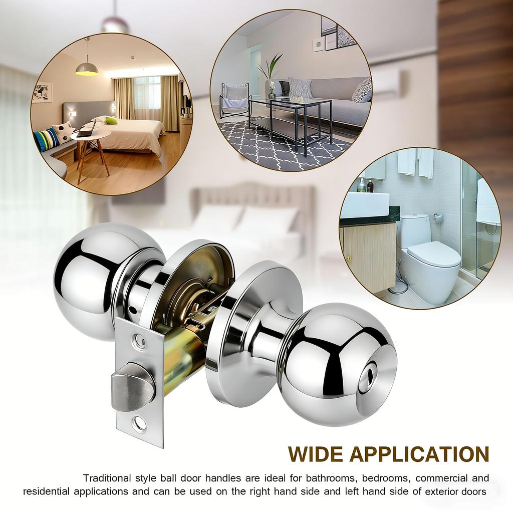Silver Stainless Steel Ball Door Knob Lock Set with 3 Keys for Bedroom and Bathroom Privacy Doors, Polished or Satin Finish