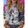 Women's Healing Cute Sleeping Cat Printed Long-sleeved T-shirt Casual Round Neck Cute Style Top